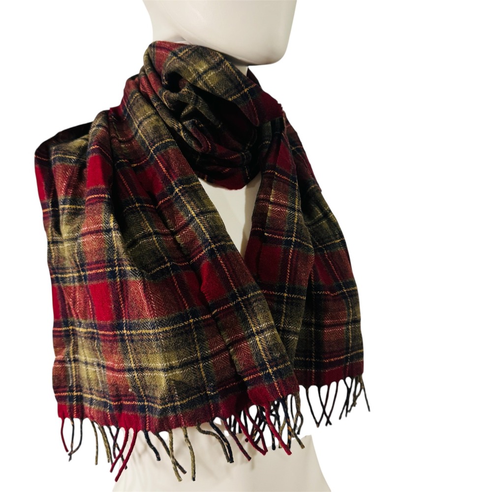 Pendleton Red Green Plaid Wool Scarf Made in USA Virgin Wool Fringe Trim
